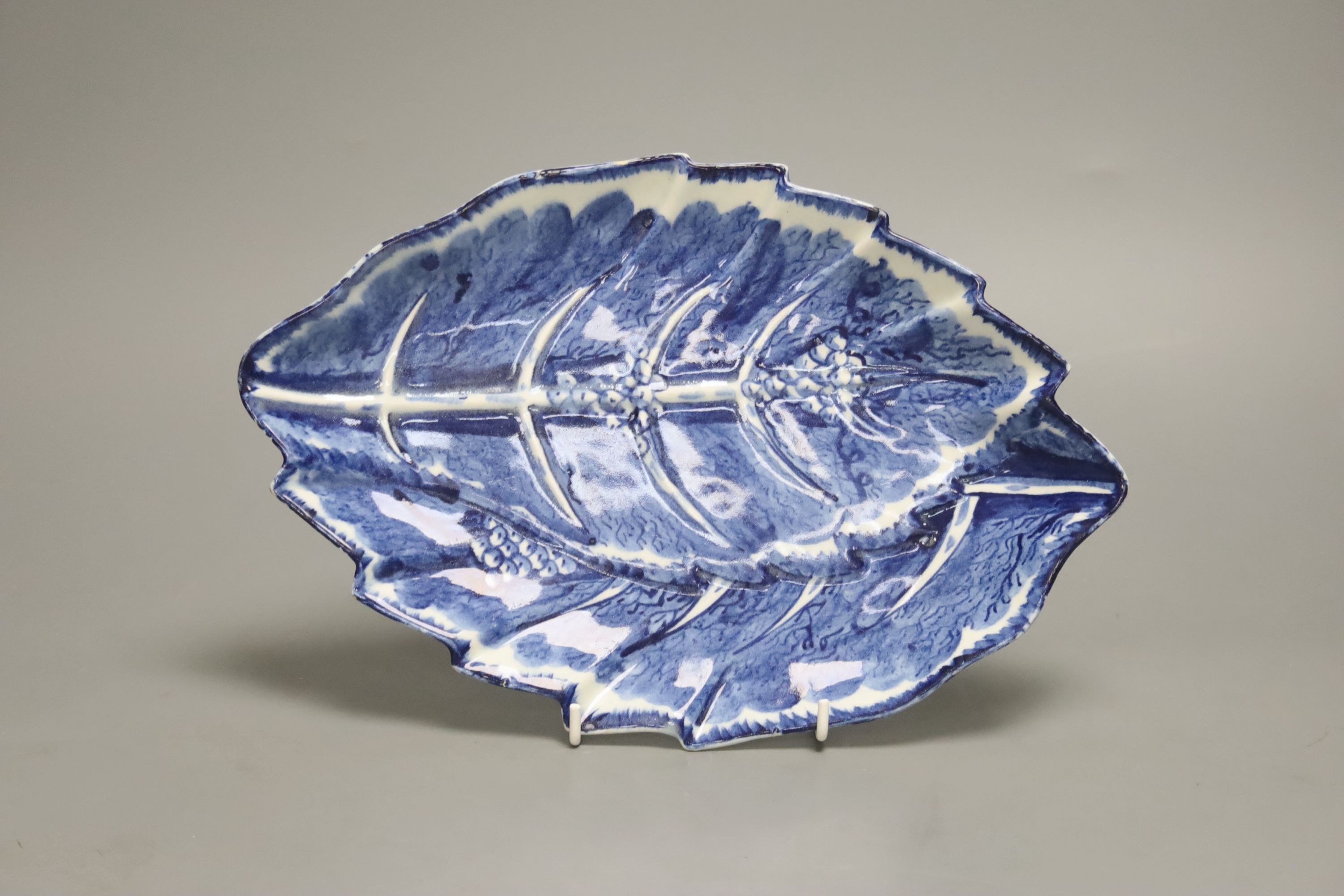 A rare Bow dish, moulded as two overlapping leaves, c.1762, four character mark, length 29cm